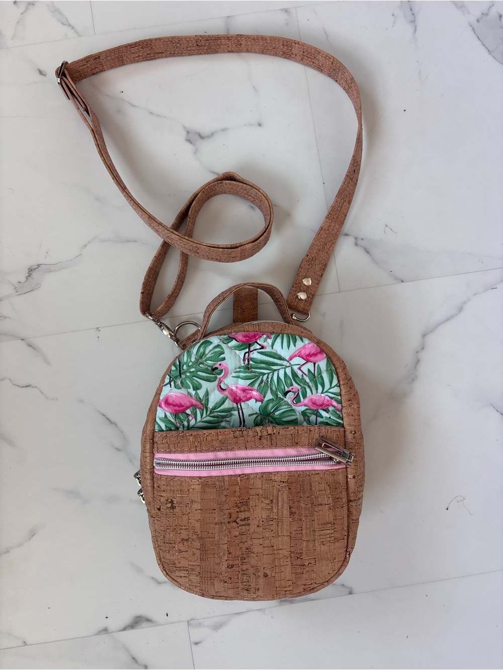 Cork Crossbody Bag Handmade Cork Mini Backpack Crossbody Bag Pink Flamingo Print